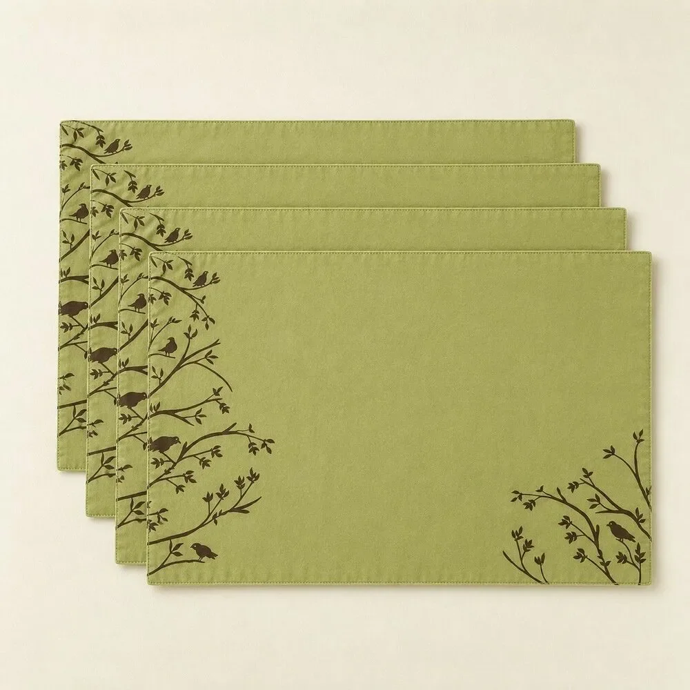 Pier 1 Imports Mosstone Placemats Set of 4 Green Bird Branch Cotton 13x19 Nature